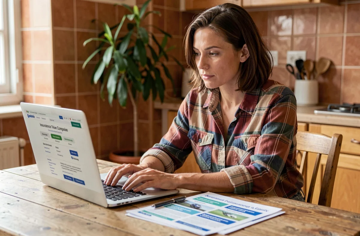 Femme comparant des offres d'assurance quad sur un ordinateur portable à une table en bois avec brochures