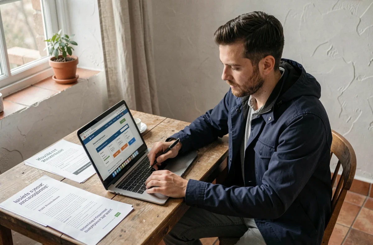 Homme comparant des offres d'assurance voiture en ligne à sa table de cuisine