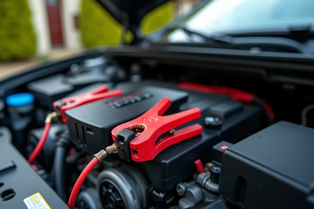 Comparaison entre un chargeur de batterie portable et des câbles de démarrage posés sur un moteur de voiture