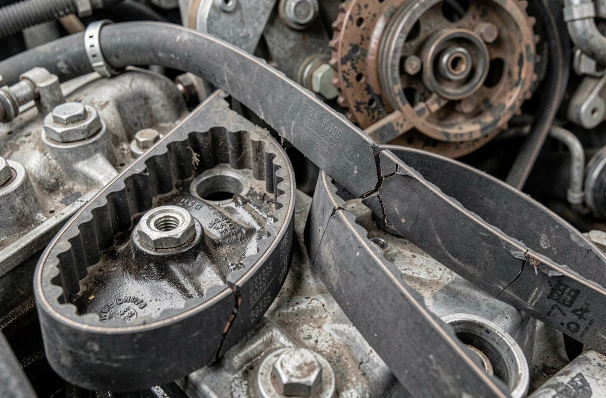 Comparaison entre une courroie de distribution usée et une neuve sur un moteur de voiture