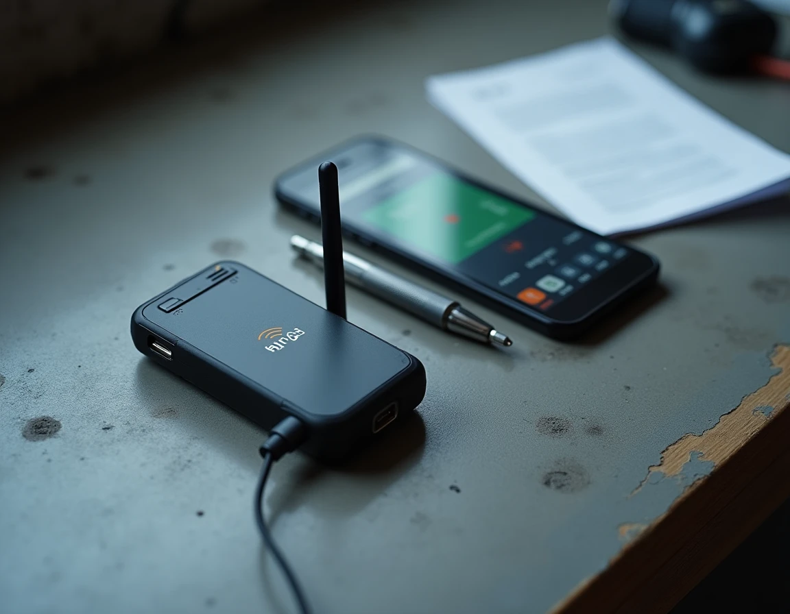 Comparaison flat lay de traceur GPS, détecteur RF et application smartphone pour illustrer les solutions légales de détection