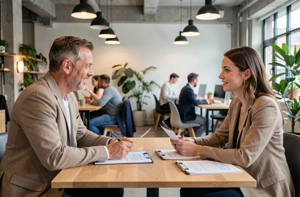 Deux auto-entrepreneurs discutant du coût d'une assurance professionnelle dans un espace de coworking moderne