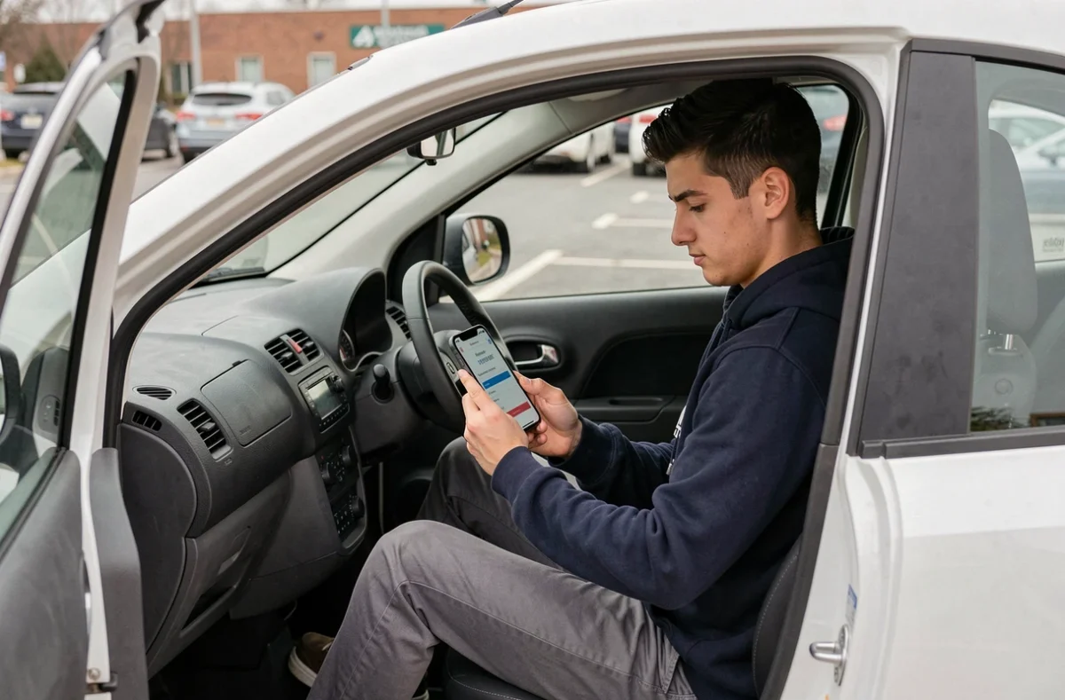 Jeune homme comparant des tarifs d'assurance pour voiture sans permis sur son smartphone depuis l'habitacle