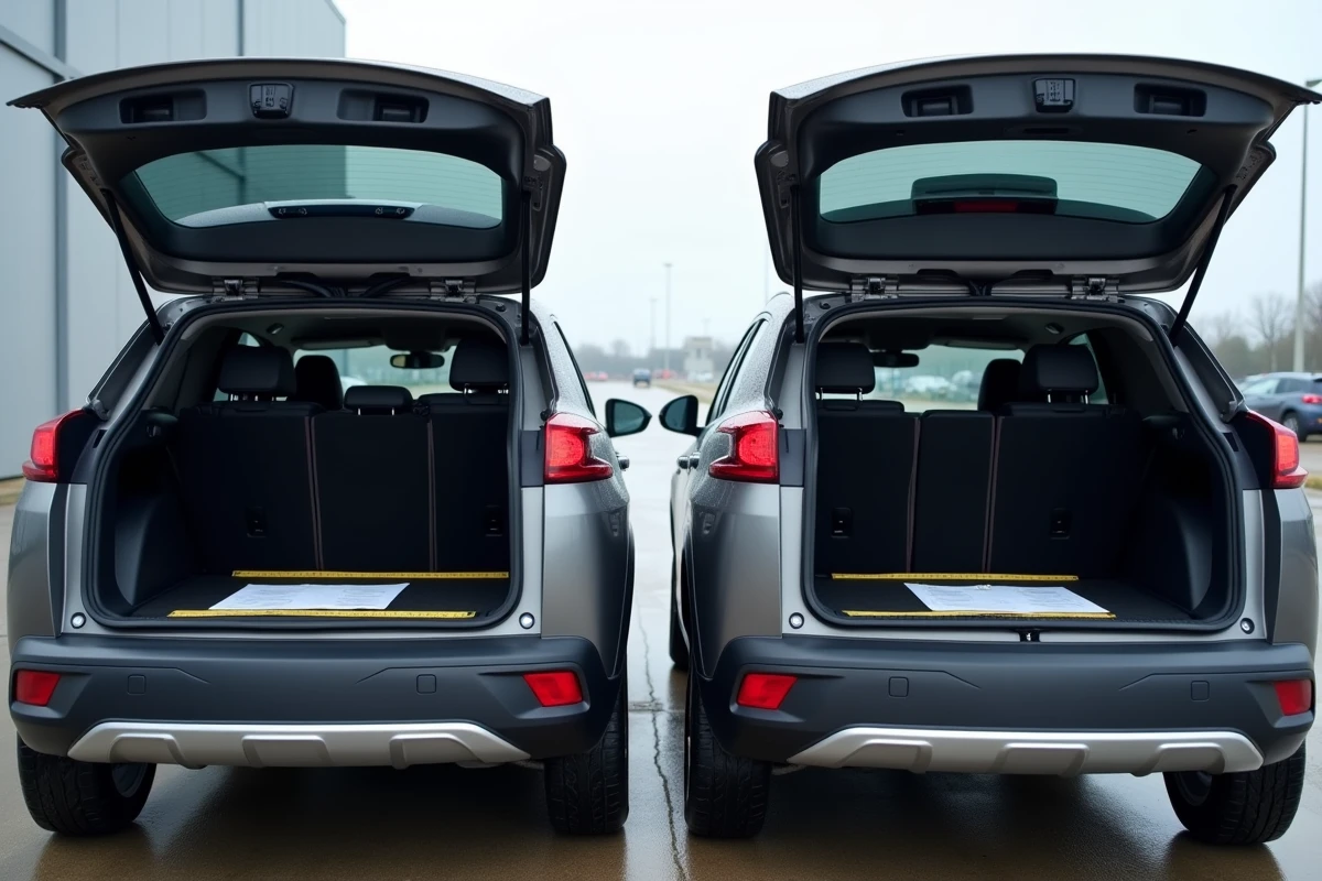 Comparaison côte à côte du volume de coffre entre la Peugeot 3008 thermique et l'E-3008 électrique avec mètre ruban