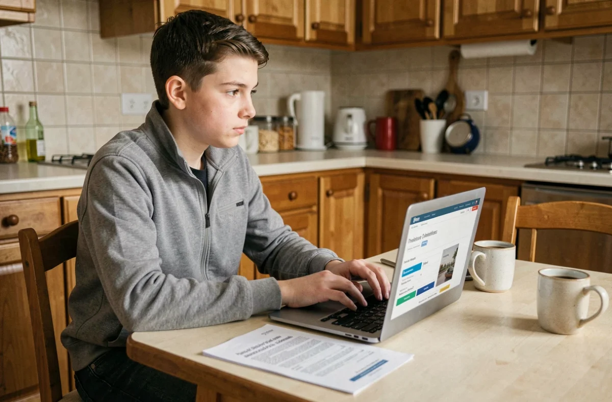 Jeune adolescent comparant les prix d'assurance pour voiture sans permis sur un ordinateur à la maison