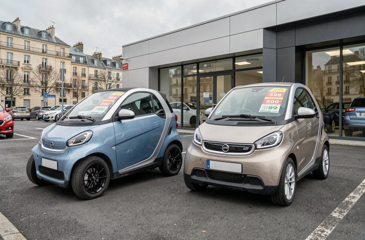 Deux voitures sans permis côte à côte dans un concessionnaire parisien avec affichage des prix