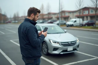 Homme comparant la taille de sa voiture sur un site web depuis son smartphone dans un parking