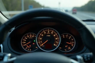 Tableau de bord avec compte-tours indiquant le régime moteur à 2500 tr/min sur autoroute à 130 km/h