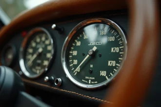 Compteur de vitesse vintage analogique indiquant 30 mph avec échelle en km/h sur tableau de bord en cuir