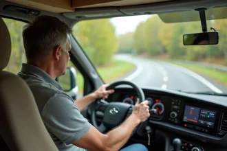 Conducteur de camping-car lourd concentré au volant avec tableau de bord moderne et route de campagne en arrière-plan