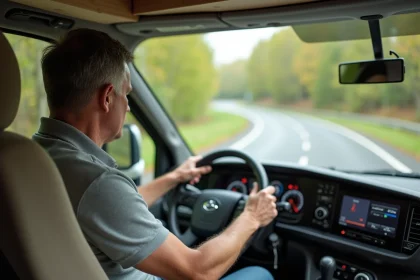 Conducteur de camping-car lourd concentré au volant avec tableau de bord moderne et route de campagne en arrière-plan