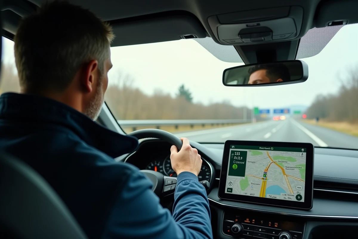 Conducteur consultant une carte GPS en temps réel sur l'autoroute française depuis son véhicule