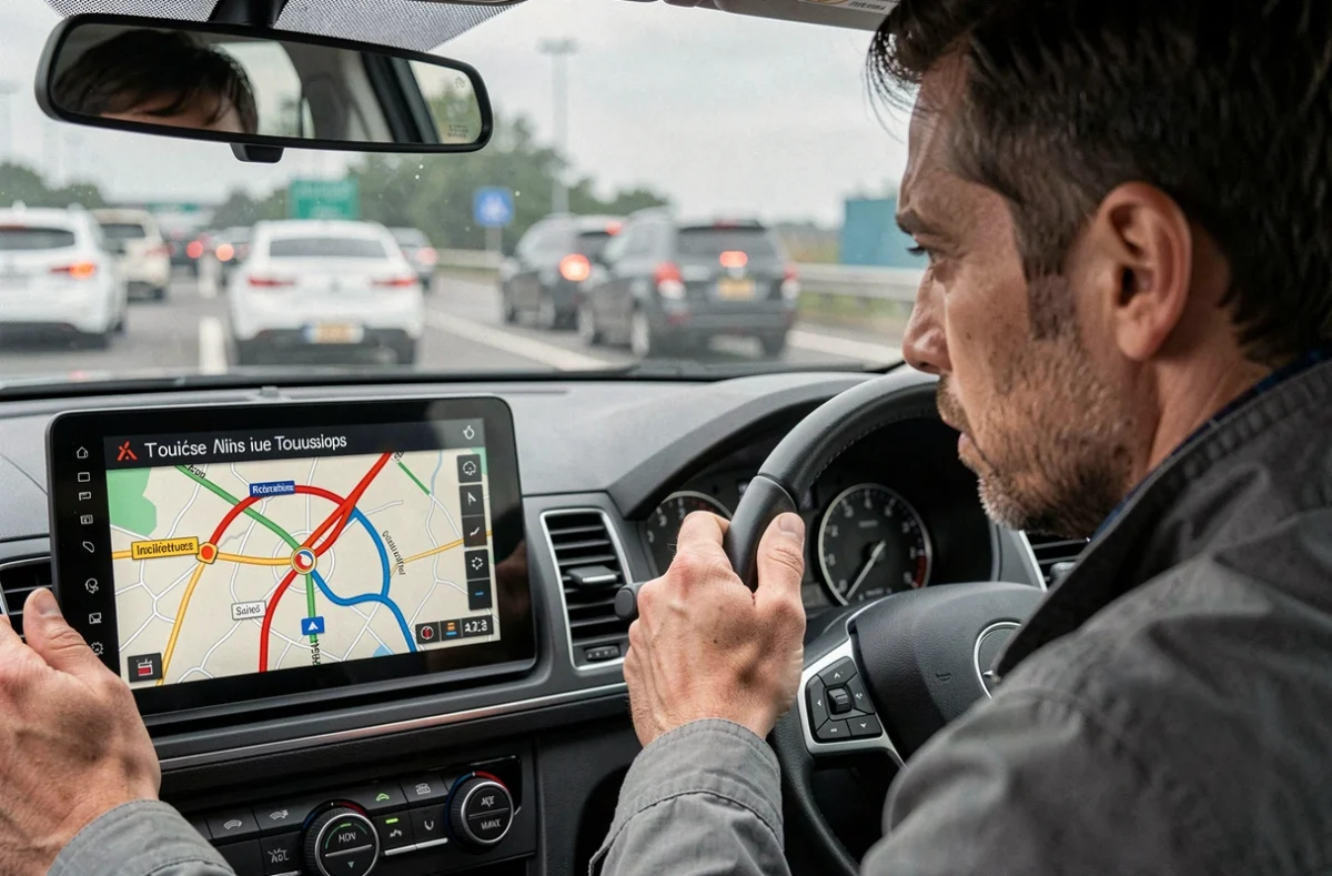 Conducteur consultant le GPS pour éviter un accident sur le périphérique de Toulouse