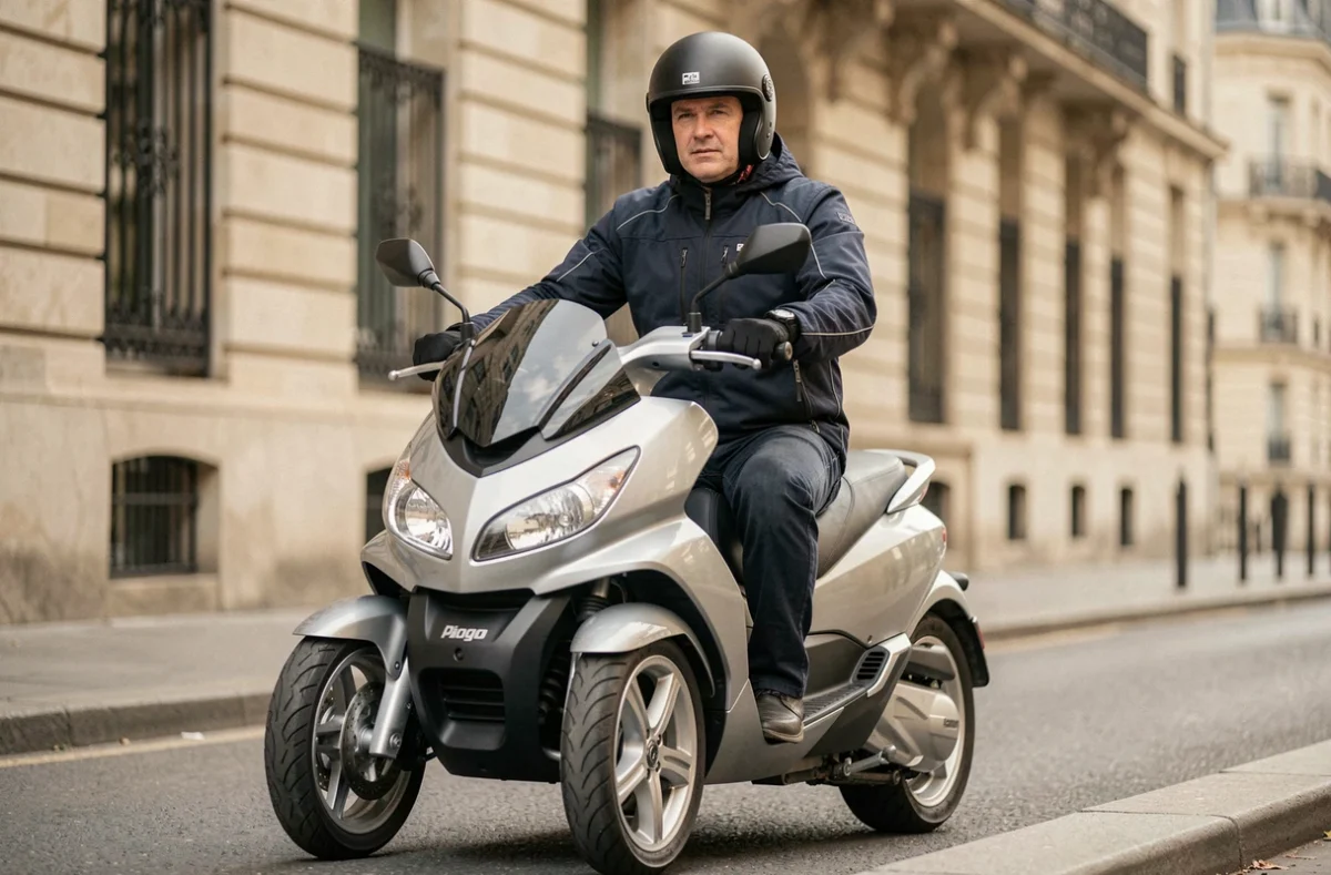Conducteur équipé assis sur un scooter Piaggio MP3 300 dans une rue parisienne, illustrant l'assurance scooter trois roues