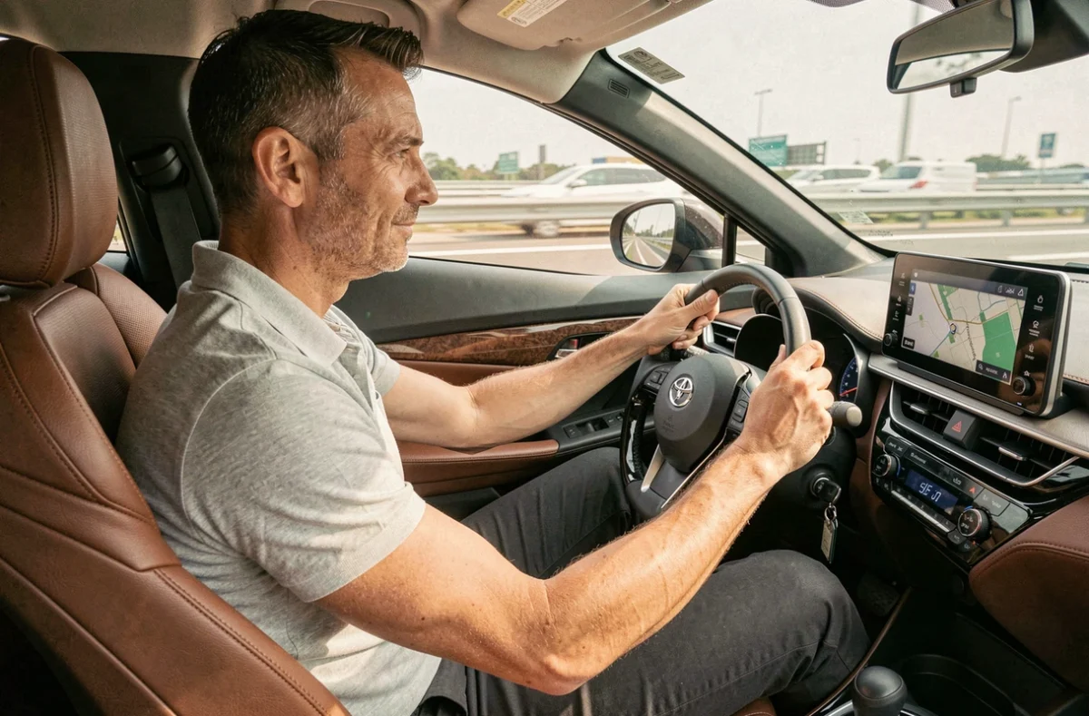 Conducteur au volant d'une Toyota C-HR sur autoroute avec GPS activé