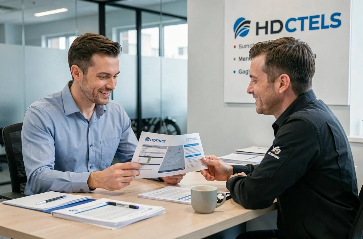 Conseiller en assurance expliquant un contrat moto tous risques à un client en agence