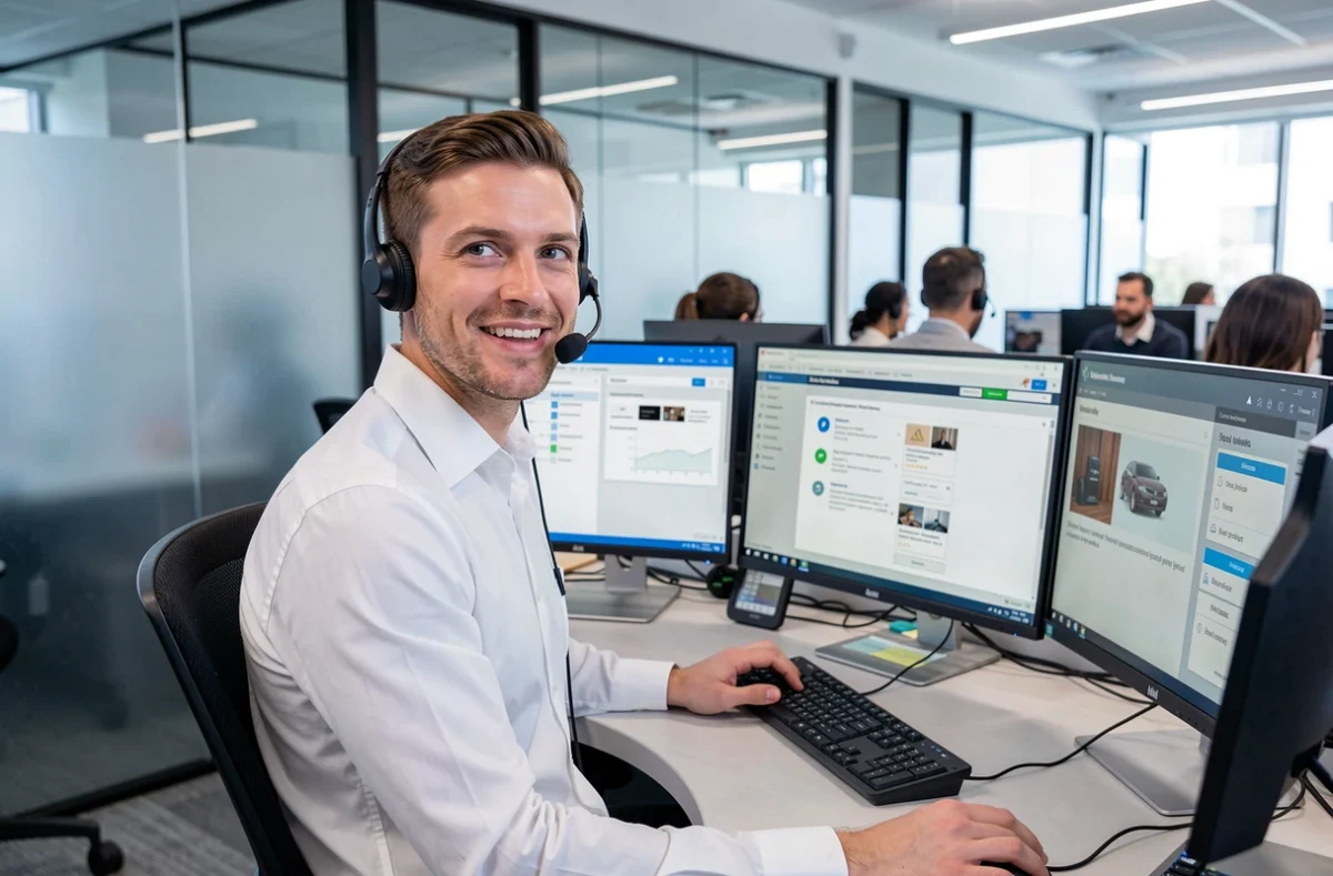 Conseiller du service client BPCE assurance voiture en ligne avec casque audio dans un centre d'appels professionnel