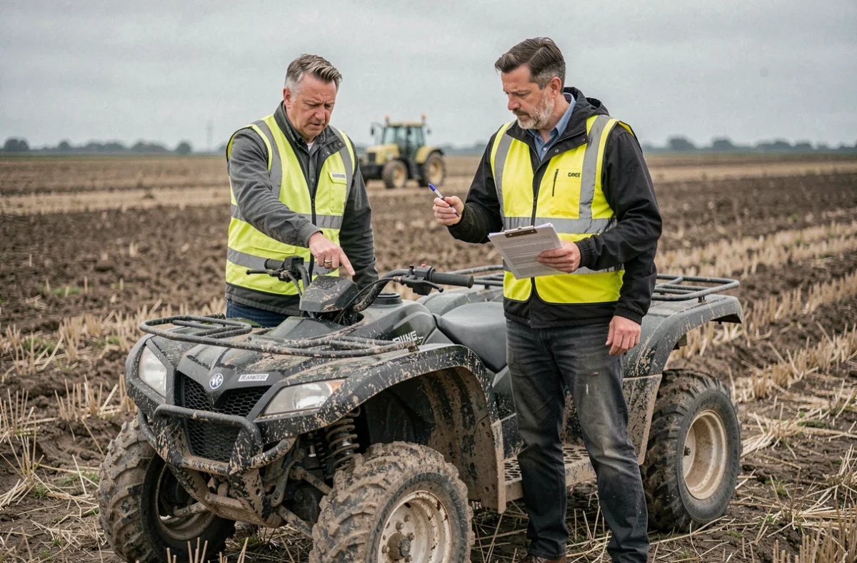 Deux hommes effectuant un constat d'assurance quad dans un champ agricole avec formulaire et véhicule tout-terrain