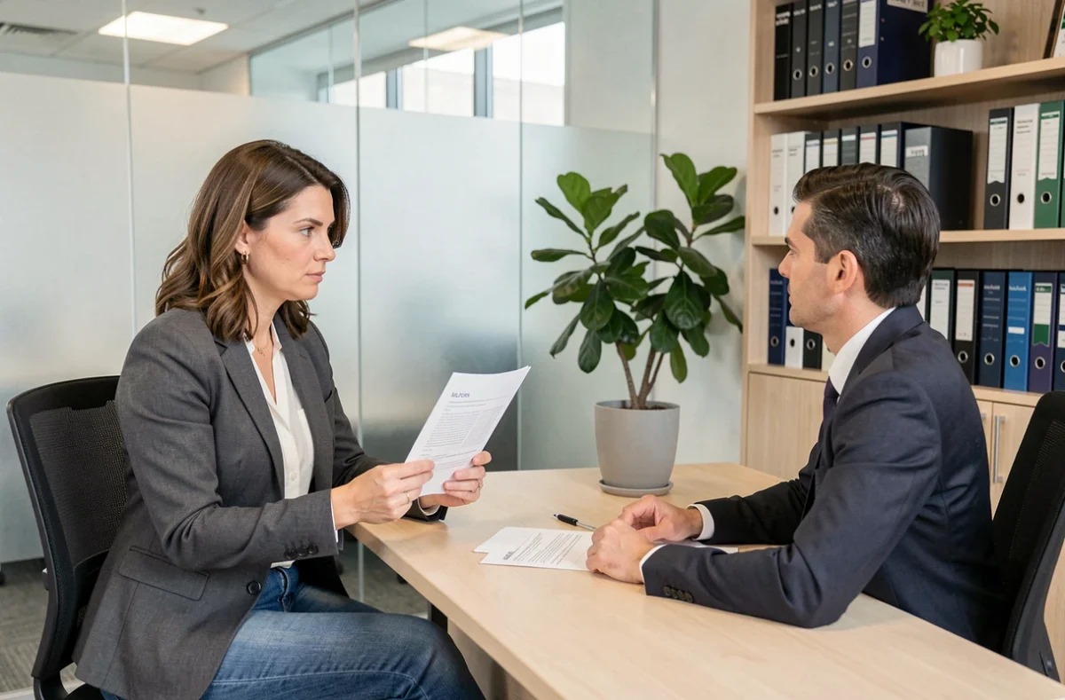 Femme en consultation avec un conseiller pour retrouver une assurance auto après résiliation