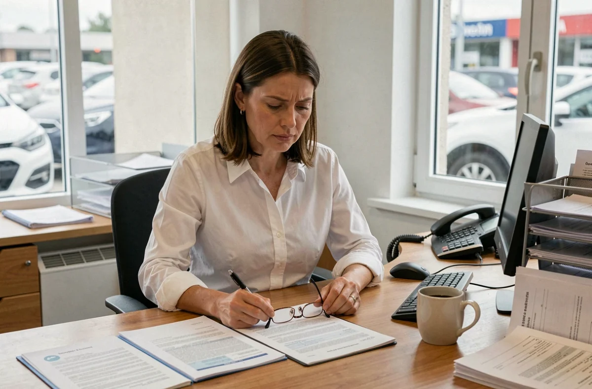 Femme lisant attentivement un contrat de vente de voiture sans permis dans un bureau de concessionnaire, stylo en main