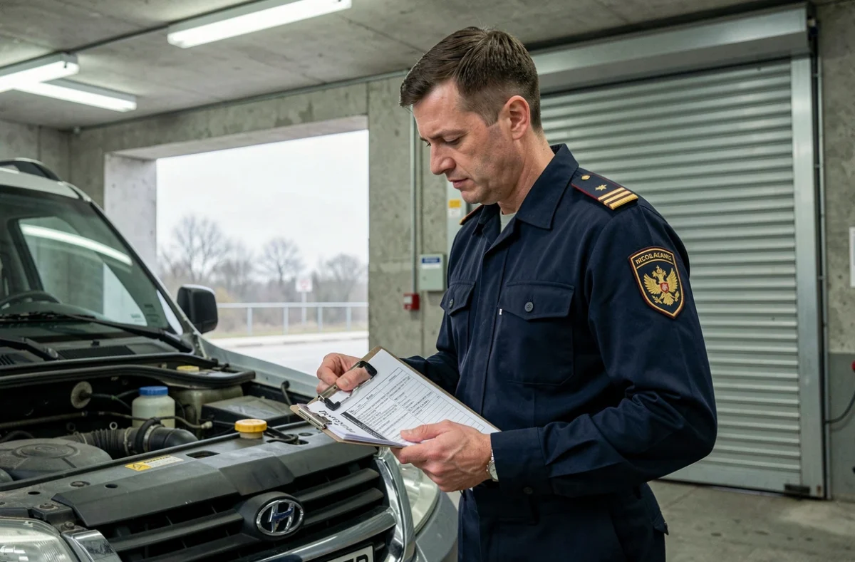 Douanier inspectant une Lada 4x4 importée dans un centre de contrôle frontalier européen