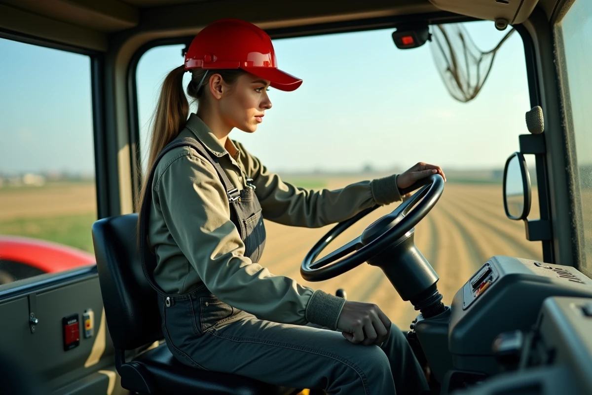 Travailleuse ajustant le siège du tracteur en cabine