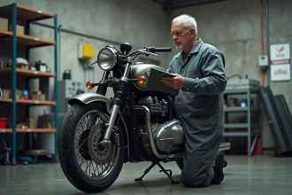 Technicien effectuant un contrôle technique sur une moto ancienne dans un garage d'inspection agréé