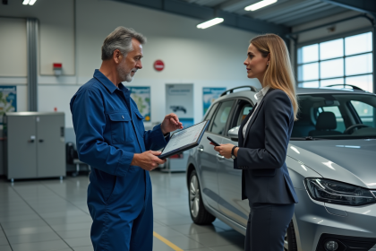 Mecanicien expliquant les resultats d inspection a une femme