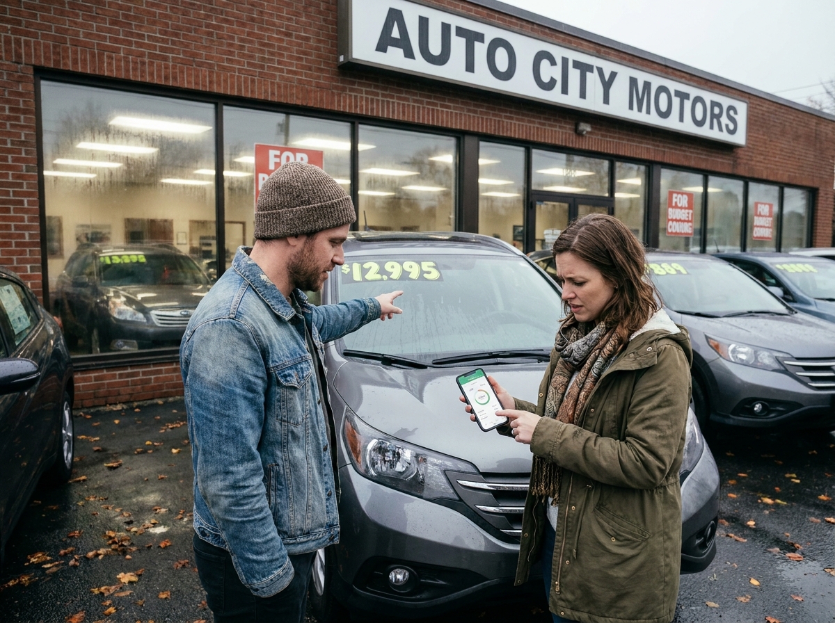 Couple devant une concession de voitures d'occasion consultant un budget permis de conduire sur smartphone