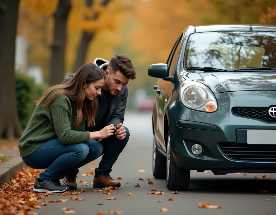 Couple examinant une voiture d'occasion compacte dans une rue résidentielle en automne