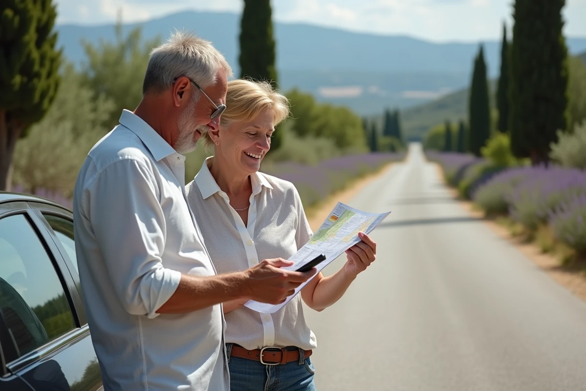 Couple consultant une carte et un smartphone pour trouver un stationnement aux Baux-de-Provence le long d'une route de campagne provençale