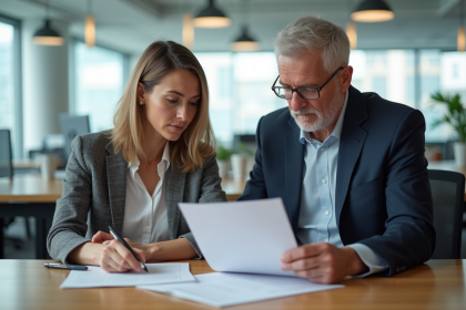 Couple d'adultes en réunion d'assurance dans un bureau moderne