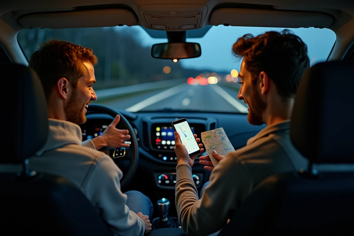 Couple planifiant un trajet autoroutier gratuit la nuit depuis une aire de repos, consultation d'une carte routière