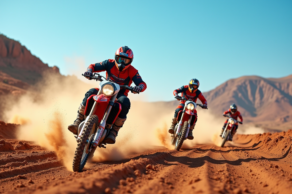 Groupe de motos tout-terrain en course sur terrain poussiereux