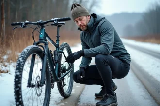 Homme cycliste vérifiant la suspension de son vélo en hiver