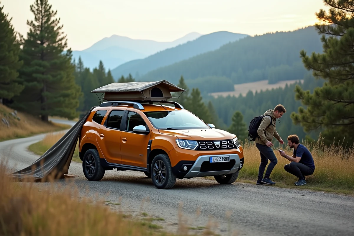 Couple installant un campement minimaliste avec une Dacia Duster sur une route forestière de montagne