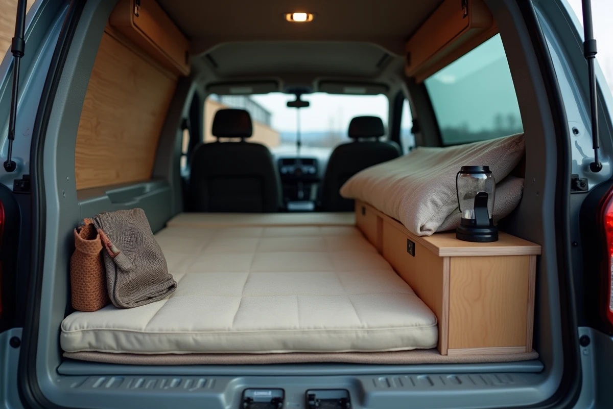 Intérieur aménagé d'une Dacia transformée en mini-camping-car avec couchage DIY économique