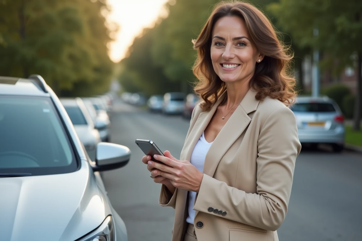 Femme réalisant sa démarche de carte grise en ligne depuis son smartphone près de sa voiture