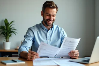 Homme consultant des documents de carte grise à son bureau à domicile, démarches administratives simplifiées