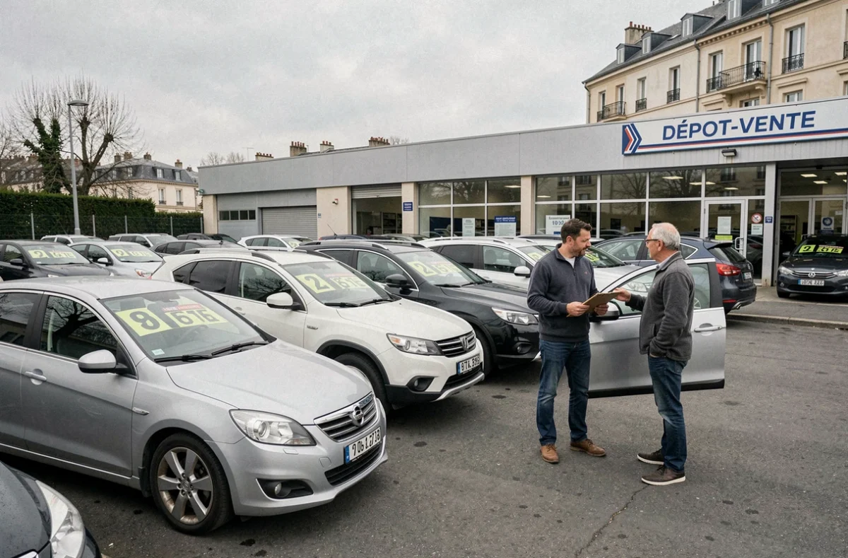 Dépôt-vente automobile L'Agence Automobile à Paris avec véhicules d'occasion et agent présentant un modèle