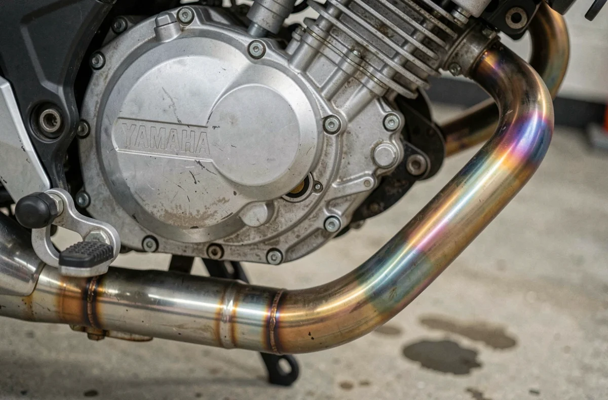 Gros plan sur le moteur monocylindre et le collecteur d'échappement de la Yamaha MT-125, détails mécaniques authentiques en atelier