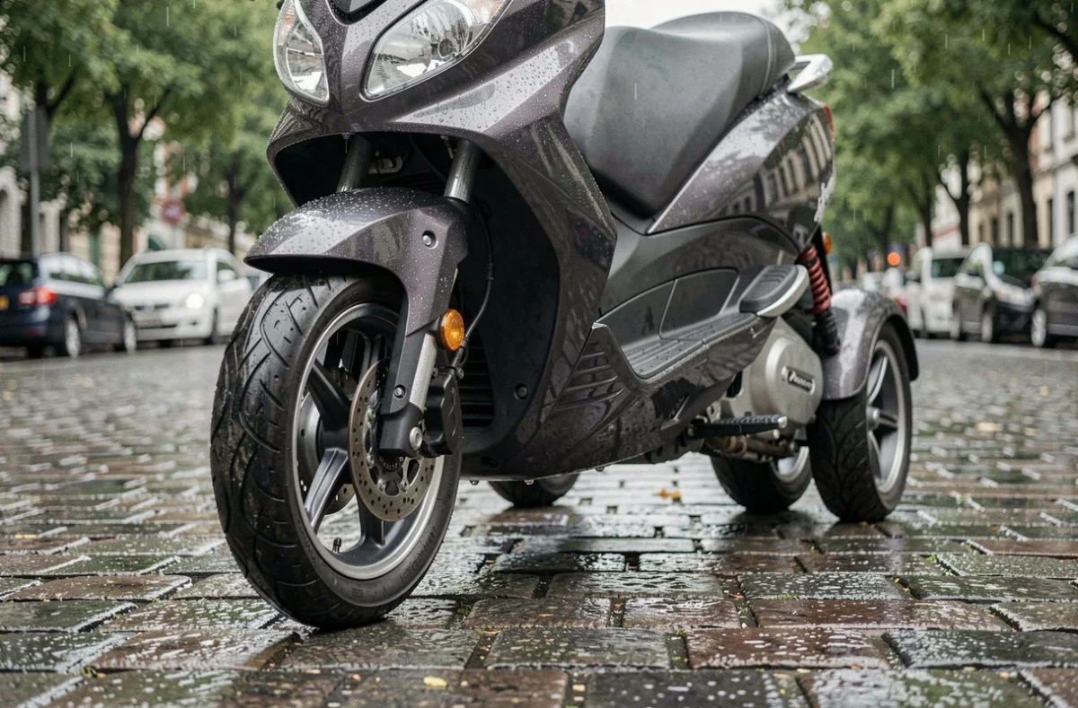 Détail du train avant trois roues d'un scooter Piaggio MP3 300 mouillé sur des pavés parisiens, contexte d'assurance et sécurité