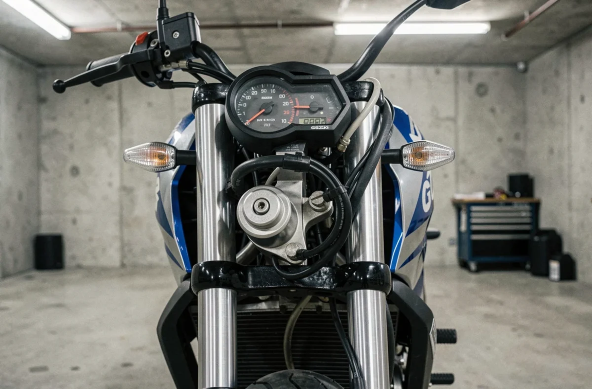 Gros plan sur le tableau de bord et la fourche avant de la Suzuki GSX-S 125 dans un garage béton