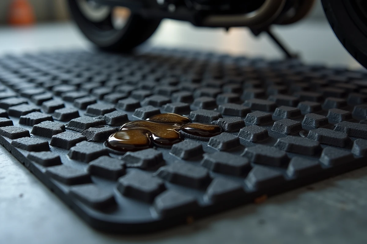 Gros plan sur la texture d'un tapis de garage moto ignifugé en caoutchouc avec surface antidérapante et résistance aux huiles