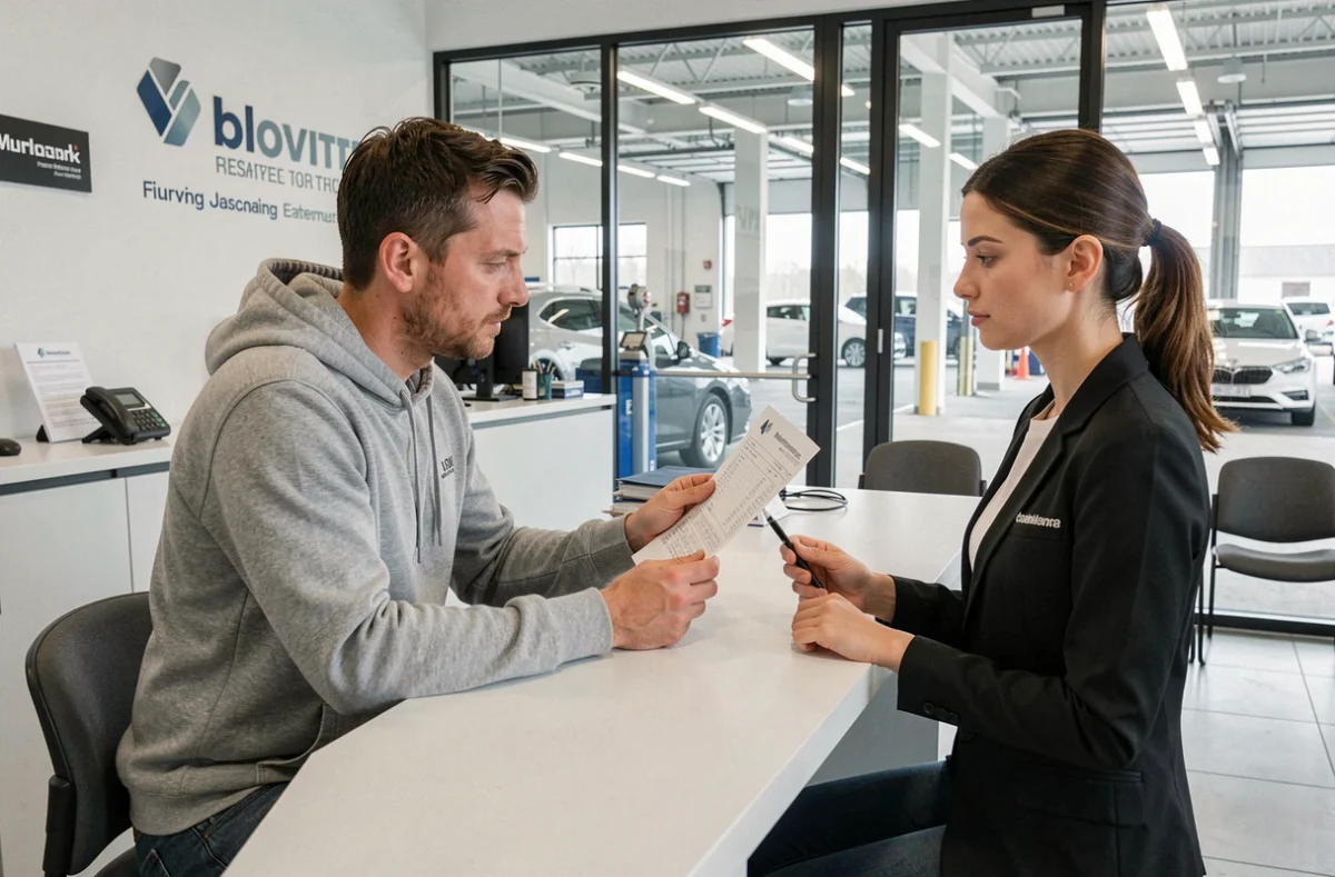 Client et conseillère discutant du devis de remplacement de courroie de distribution dans une concession