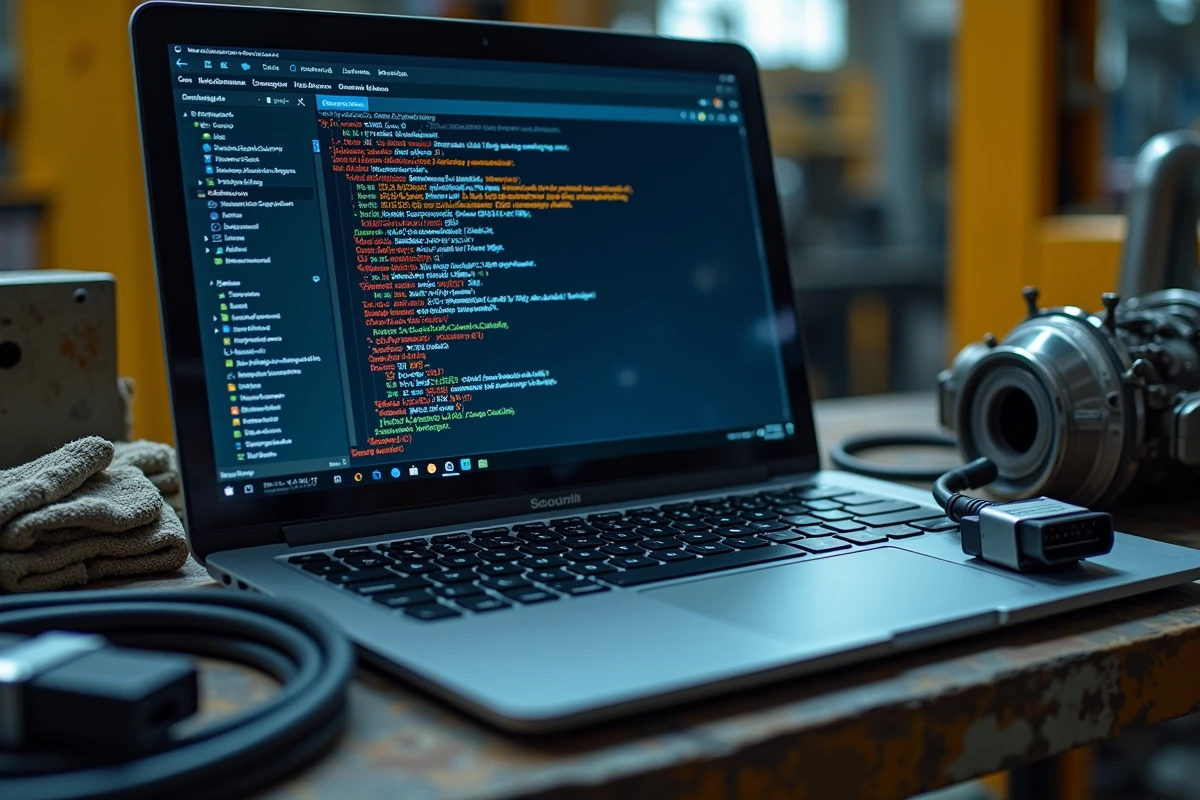 Logiciel de diagnostic OBD affichant des codes d'erreur moteur liés à la suppression du FAP sur un ordinateur portable en atelier