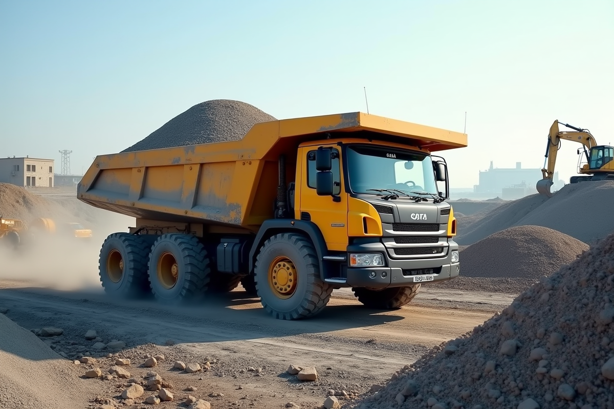 Camion articulé déchargeant du gravier sur un chantier