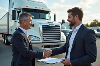 Deux personnes se serrant la main devant un camion d occasion