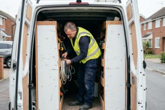 Électricien professionnel organisant son matériel dans l'espace cargo aménagé d'un véhicule utilitaire blanc garé en zone résidentielle