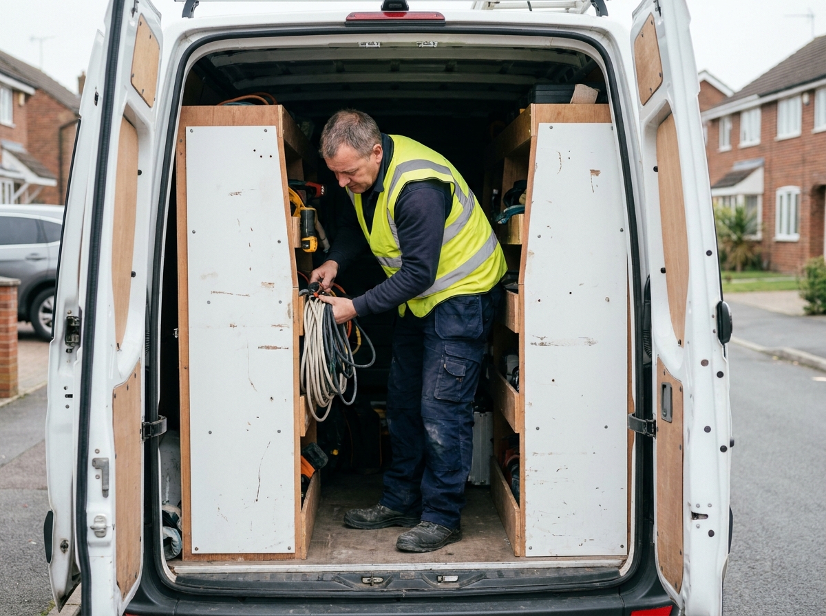 Électricien professionnel organisant son matériel dans l'espace cargo aménagé d'un véhicule utilitaire blanc garé en zone résidentielle